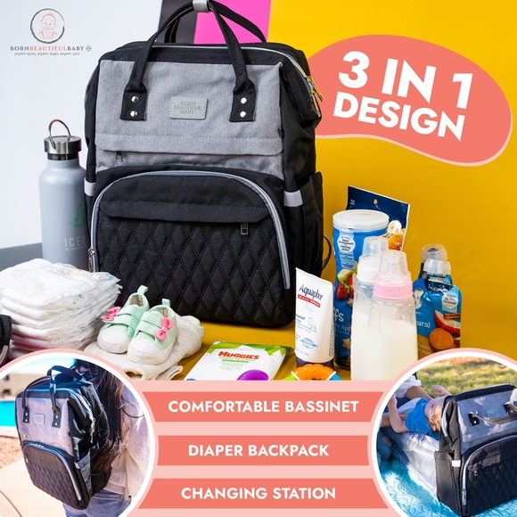Diaper Bag Black Diaper bag Backpack with Changing Station/ built-in bassinet - Picture 4 of 16